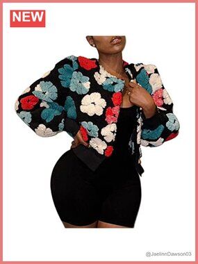 Cropped Floral Print Fleece Bomber Jacket Button Down Fall Coat